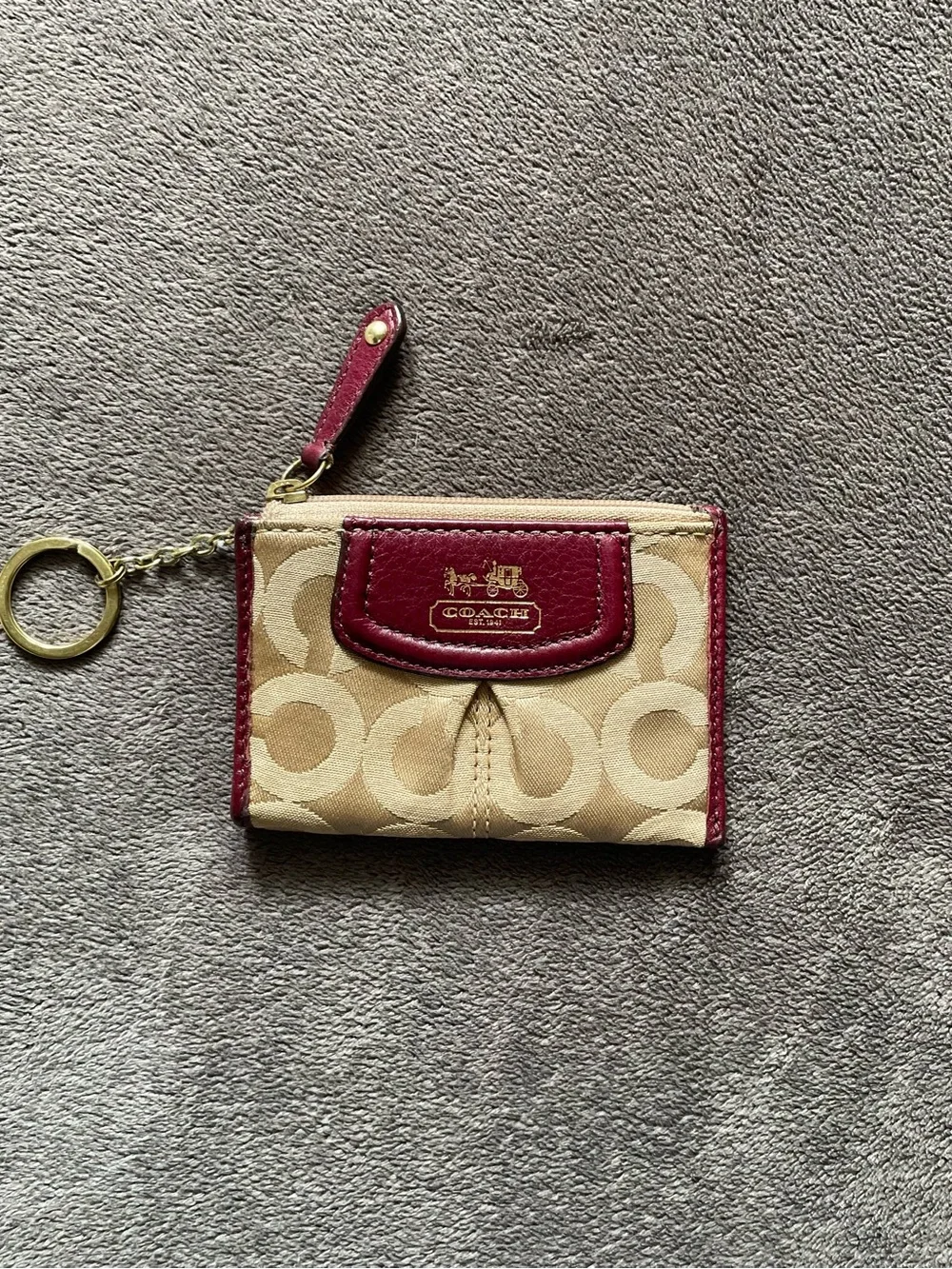 COACH Madison Op Art Mini Signature ID Card Coin Purse Tan Satin Red Leather